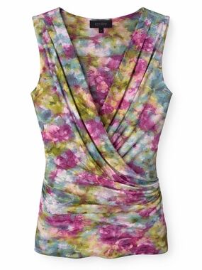 Karen Kane Pink Green Blue Floral Faux-Wrap Top. Impressionist Art Print